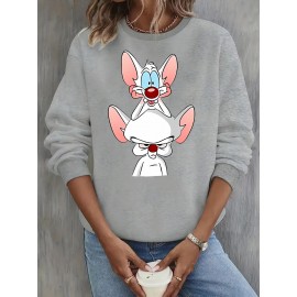 Moletom feminino Y2K elegante com gráfico de rato dos desenhos animados, Moletom com capuz de gola redonda, Top casual esportivo de manga comprida com gola redonda, Poliéster, Todas as estações, Tamanho adulto, Tecido de malha, Material elástico