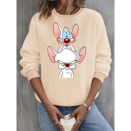 Moletom feminino Y2K elegante com gráfico de rato dos desenhos animados, Moletom com capuz de gola redonda, Top casual esportivo de manga comprida com gola redonda, Poliéster, Todas as estações, Tamanho adulto, Tecido de malha, Material elástico