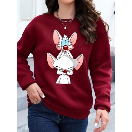 Moletom feminino Y2K elegante com gráfico de rato dos desenhos animados, Moletom com capuz de gola redonda, Top casual esportivo de manga comprida com gola redonda, Poliéster, Todas as estações, Tamanho adulto, Tecido de malha, Material elástico