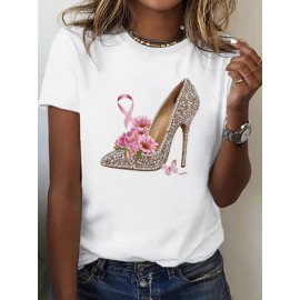 Salto Alto com Pérolas Camisetas Femininas, Camisetas Estampadas Casuais Confortáveis para Casa, Camisetas Casuais de Manga Curta - Camisetas Femininas Confortáveis e Energéticas para o Verão, Uso Diário.