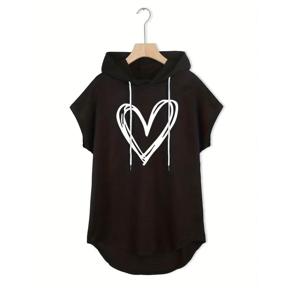 Moletom Casual Preto Feminino com Capuz e Estampa de Coração Branco - Mangas Morcego, Cordão Ajustável no Capuz, Top Leve e Elástico para o Verão, Lavável à Máquina