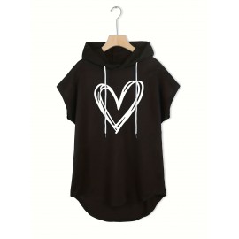 Moletom Casual Preto Feminino com Capuz e Estampa de Coração Branco - Mangas Morcego, Cordão Ajustável no Capuz, Top Leve e Elástico para o Verão, Lavável à Máquina