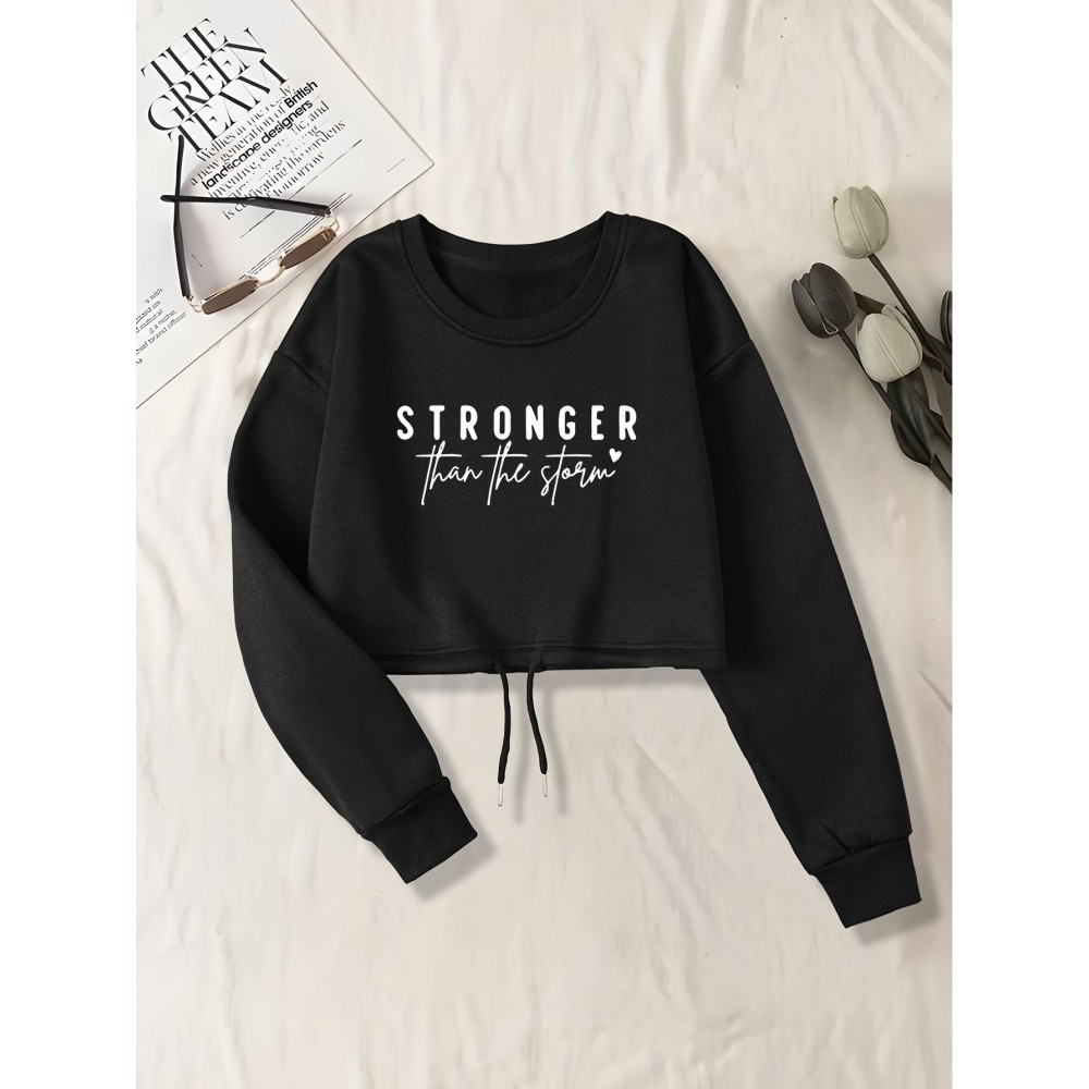 Blusa de moletom casual de manga longa para mulheres com estampa de letras - Poliéster, gola redonda, corte ajustado, primavera/outono, lavável à máquina