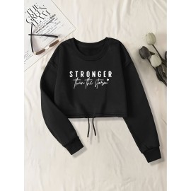 Blusa de moletom casual de manga longa para mulheres com estampa de letras - Poliéster, gola redonda, corte ajustado, primavera/outono, lavável à máquina