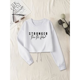 Blusa de moletom casual de manga longa para mulheres com estampa de letras - Poliéster, gola redonda, corte ajustado, primavera/outono, lavável à máquina