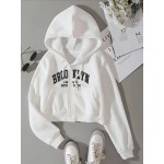 Moletom com capuz gráfico Brooklyn Nova Iorque para mulheres - Casual com fecho de correr e cordão, forro térmico, bolso dividido, manga comprida - Branco
