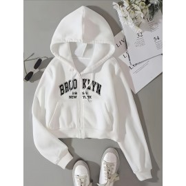 Moletom com capuz gráfico Brooklyn Nova Iorque para mulheres - Casual com fecho de correr e cordão, forro térmico, bolso dividido, manga comprida - Branco