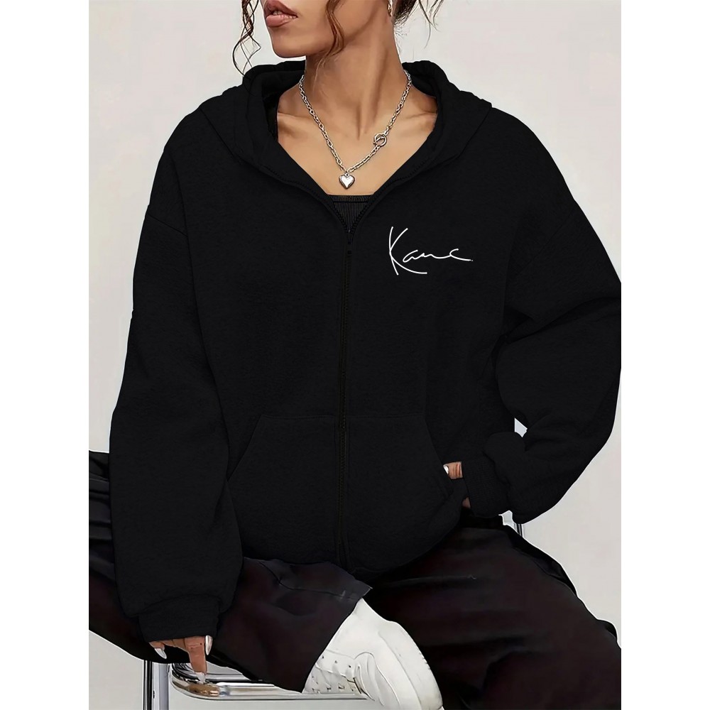 Moletom Casual Feminino com Zíper e Estampa Abstrata de Letras KANE - Jaqueta Cinza Claro Ajuste Relaxado, Lavável à Máquina para Todas as Estações, Roupa Confortável para Viagem & Uso Diário