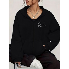 Moletom Casual Feminino com Zíper e Estampa Abstrata de Letras KANE - Jaqueta Cinza Claro Ajuste Relaxado, Lavável à Máquina para Todas as Estações, Roupa Confortável para Viagem & Uso Diário