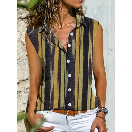 Camiseta Feminina Sem Mangas com Botões - Blusa Casual de Listras Verticais e Bloco de Cores, Gola Aberta Streetwear, Tecido Leve Lavável em Máquina para Verão, Roupas Fáceis de Cuidar, Looks Modernos