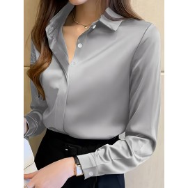 Camisa de manga comprida com botões para mulheres - Branca, Roupa de trabalho profissional com fecho de botão único, Perfeita para entrevistas e vestuário de negócios, Vestuário de escritório|Botão chic|Ajuste elegante