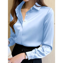 Camisa de manga comprida com botões para mulheres - Branca, Roupa de trabalho profissional com fecho de botão único, Perfeita para entrevistas e vestuário de negócios, Vestuário de escritório|Botão chic|Ajuste elegante