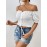 Top de alças com folhos e cordão frontal - Branco, cor sólida, manga curta, blusa casual de verão para praia, férias e festas, essencial para o verão | Top com detalhe de folhos | Textura