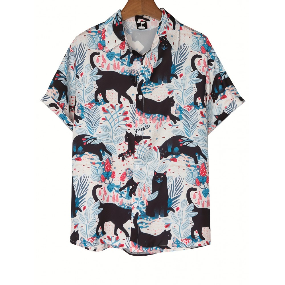 Camisa de manga curta para mulheres da moda europeia e americana com direção, gola e padrão de gato preto estampado em toda a camisa casual para casal