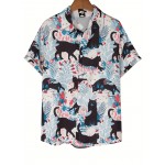 Camisa de manga curta para mulheres da moda europeia e americana com direção, gola e padrão de gato preto estampado em toda a camisa casual para casal