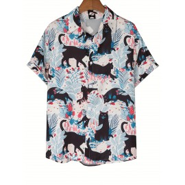 Camisa de manga curta para mulheres da moda europeia e americana com direção, gola e padrão de gato preto estampado em toda a camisa casual para casal