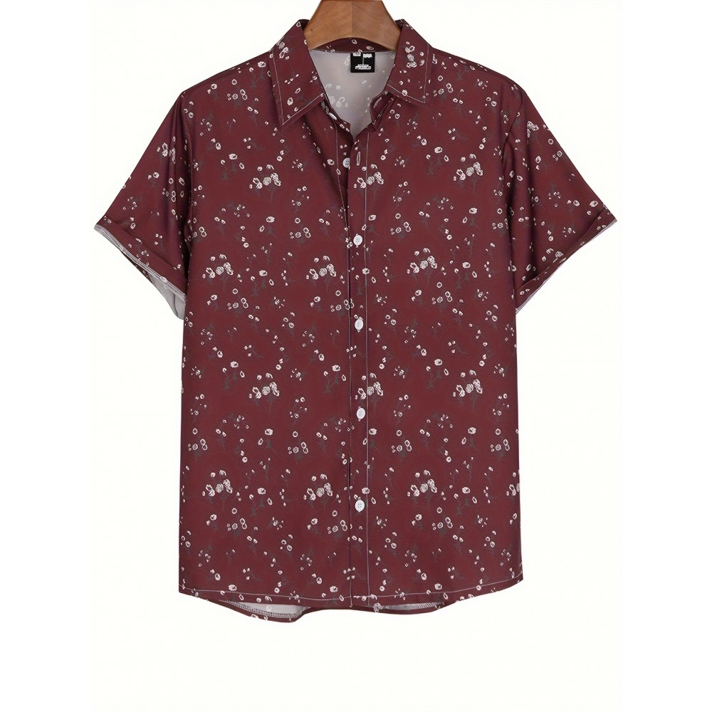 Blusa Casual Feminina de Manga Curta - Estampa Floral Vermelha e Branca, Poliéster Leve, Caimento Relaxado para Férias na Praia & Looks Casuais | Roupas de Primavera/Verão, Moda Verão, Estilo Ombro a Descoberto, Tecido Não Transparente