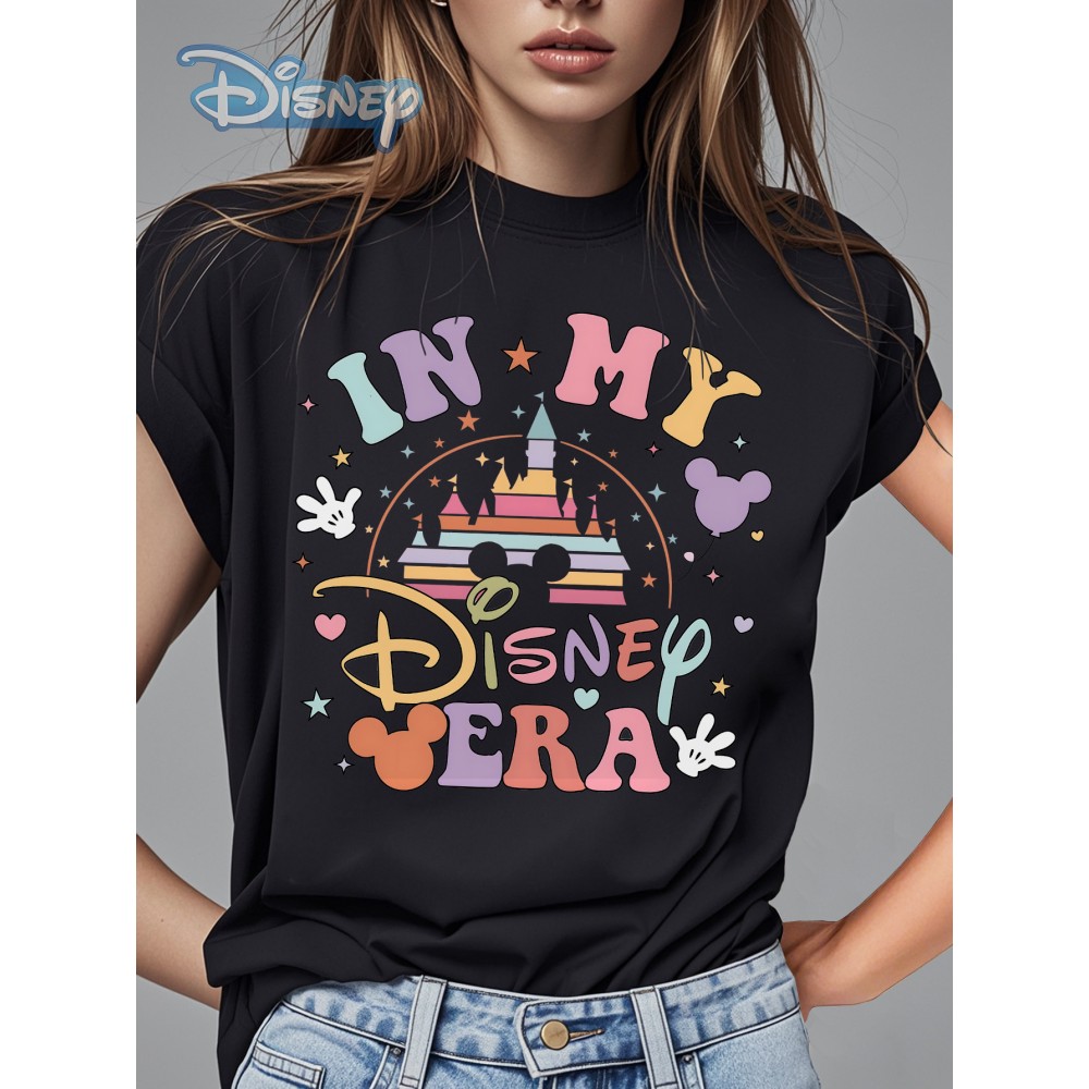 Camiseta Feminina Disney Oficial Vintage Castelo Gráfico - IN MY DISNEY VERA Retro, Blusa Casual Gola Redonda para Mulheres, Trajes de Fãs da Disney, Festas e Looks Casuais, Tecido Impresso Durável