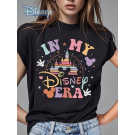 Camiseta Feminina Disney Oficial Vintage Castelo Gráfico - IN MY DISNEY VERA Retro, Blusa Casual Gola Redonda para Mulheres, Trajes de Fãs da Disney, Festas e Looks Casuais, Tecido Impresso Durável