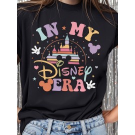 Camiseta Feminina Disney Oficial Vintage Castelo Gráfico - IN MY DISNEY VERA Retro, Blusa Casual Gola Redonda para Mulheres, Trajes de Fãs da Disney, Festas e Looks Casuais, Tecido Impresso Durável