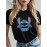Série Disney Stitch, Camiseta de Gola Redonda para Mulheres e Homens, 180G, Design Respirável, para, Adequado para Festas de Dia dos Namorados, Tenha Cuidado