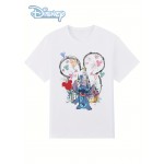 Camiseta Feminina de Algodão Puro Disney Stitch - Manga Curta com Estampa de Coração e Fogos de Artifício, Gola Redonda Branca, Top Casual para Verão e Praia, Lavagem Manual, Moda Férias, Estampa Divertida, Leve, Roupa Licenciada, Para Amantes da Moda