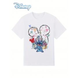 Camiseta Feminina de Algodão Puro Disney Stitch - Manga Curta com Estampa de Coração e Fogos de Artifício, Gola Redonda Branca, Top Casual para Verão e Praia, Lavagem Manual, Moda Férias, Estampa Divertida, Leve, Roupa Licenciada, Para Amantes da Moda