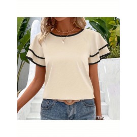 Nova Camisa De Gola Redonda Com Folha De Lótus, De Manga Curta, De Dupla Camada, Europeia E Americana, Para Primavera E Verão.