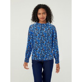 Blusa Elegante Feminina com Estampa Floral e Manga Longa - Top Casual de Gola Alta com Detalhe de Fechadura, Poliéster, Perfeita para Primavera & Outono