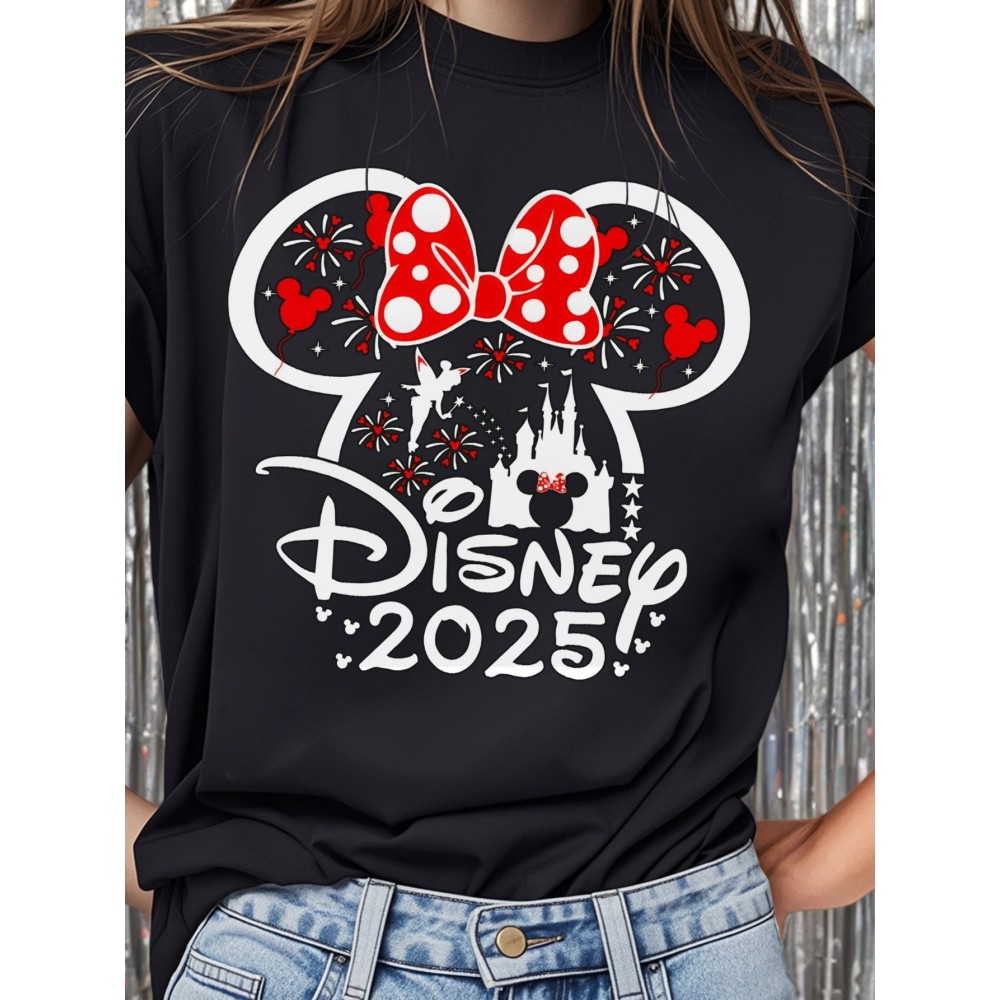 Camiseta Oficial Disney Minnie Mouse Feminina - Algodão Macio com Laço Vermelho e Estampa de Cogumelo - Roupa Leve para Festas, Presente de Aniversário, Moda Casual Verão, Tecido Respirável, Merchandise Oficial da Disney para Adultos
