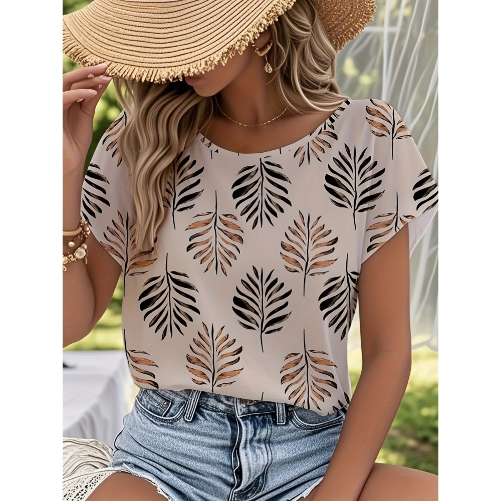 Blusa de manga curta com estampa de folhas elegantes para mulheres - Decote redondo casual, top de poliéster leve para primavera/verão, perfeito para atuário casual, top de verão casual | Design de manga elegante | Tecido leve