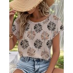 Blusa de manga curta com estampa de folhas elegantes para mulheres - Decote redondo casual, top de poliéster leve para primavera/verão, perfeito para atuário casual, top de verão casual | Design de manga elegante | Tecido leve
