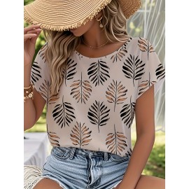 Blusa de manga curta com estampa de folhas elegantes para mulheres - Decote redondo casual, top de poliéster leve para primavera/verão, perfeito para atuário casual, top de verão casual | Design de manga elegante | Tecido leve