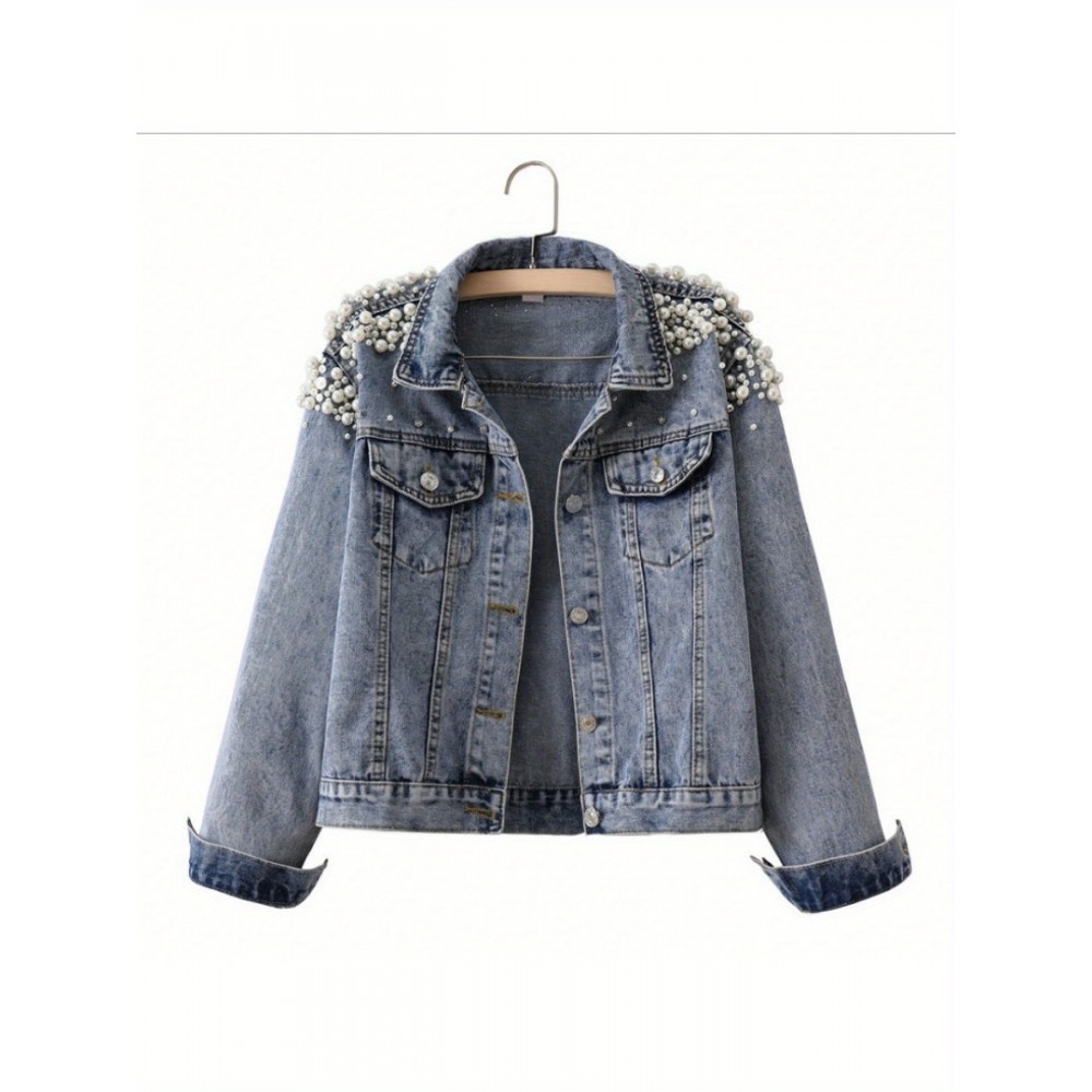 Jaqueta Feminina Primavera/Outono - Gola e Punhos com Detalhes de Pérola Preta, Corte Solto, Manga Longa Casual Chic para Primavera/Outono, Tecido Texturizado