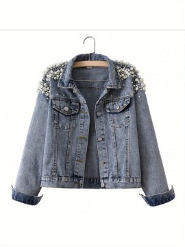 Jaqueta Feminina Primavera/Outono - Gola e Punhos com Detalhes de Pérola Preta, Corte Solto, Manga Longa Casual Chic para Primavera/Outono, Tecido Texturizado