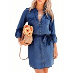 Vestido de ganga elegante para mulheres com gola de lapela e botões à frente, mangas compridas, cintura franzida e detalhe de laço - Adequado para primavera/outono, estilo casual chic, uso casual chic | Vestido com botões à frente | Tecido não elástico