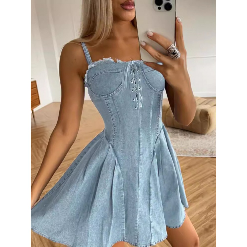 Camisola Sem Mangas Feminina Retrô Estilo Jeans - Cintura Ajustável, Tecido Não Transparente para Noites e Eventos Casuais, Lavável à Máquina & Fácil de Cuidar, Roupa para Mulheres, Design com Cintura Cinchada, Material Médio Elástico