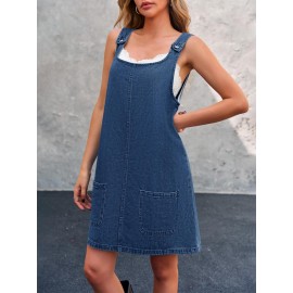 Vestido de Denim Vintage Sem Mangas para Mulheres - Corte Solto com Bolsos Laterais, Alças Ajustáveis & Acabamento em Renda, Vestuário Casual de Verão Lavável à Máquina, Vestidos de Denim, Moda do Dia a Dia, Design Clássico com Cinco Bolsos