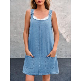 Vestido de Denim Vintage Sem Mangas para Mulheres - Corte Solto com Bolsos Laterais, Alças Ajustáveis & Acabamento em Renda, Vestuário Casual de Verão Lavável à Máquina, Vestidos de Denim, Moda do Dia a Dia, Design Clássico com Cinco Bolsos