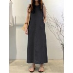 Nova Moda Longa Saia Redonda Decote Sem Mangas Bolsa Solta Longa Camisa Feminina Vestido Jeans