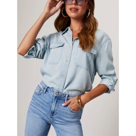Blusas de ganga de manga comprida com gola virada de cor sólida para mulheres, estilo casual e solto para a primavera.