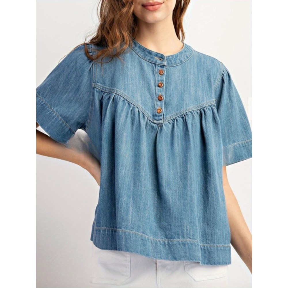 Camiseta de Algodão Lavado Vintage Feminina - Manga Curta Solta com Botões no Peito, Top Casual para Todas as Estações, Lavável na Máquina e Versátil