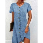Vestido Jeans Vintage Feminino com Decote em V - Bolso Frontal, Cinto Ajustável na Cintura, Mangas Curtas e Comprimento Médio para Looks Casuais ou Semi-Formais de Primavera/Outono, Moda Retrô, Corte Estruturado, Ideal para Escritório