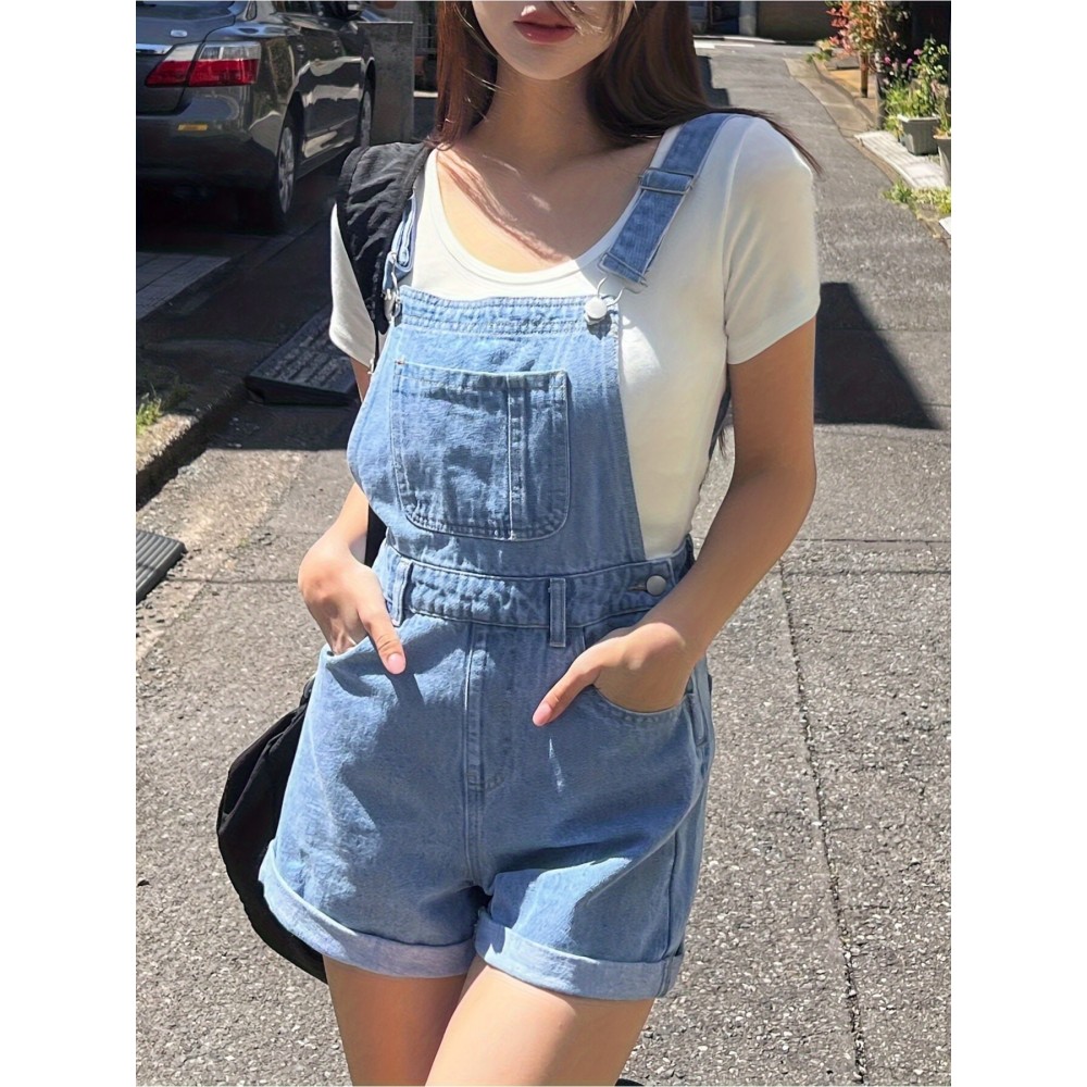 Vestido de ganga casual para mulheres com alças ajustáveis, corte largo e pernas largas, com bolsos, estilo de rua, em ganga mista, para uso casual.