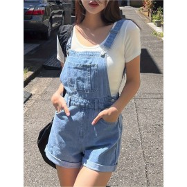 Vestido de ganga casual para mulheres com alças ajustáveis, corte largo e pernas largas, com bolsos, estilo de rua, em ganga mista, para uso casual.