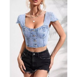 Blusas de ganga para mulheres - Nova blusa casual de cor sólida para a primavera e o verão