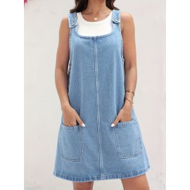 Vestido de Denim Vintage Sem Mangas para Mulheres com Bolsos - Vestido Mini Folgado, Alças Ajustáveis e Bolsos Laterais, Tecido Não Elástico, Lavável em Máquina, Look Casual Primavera/Verão