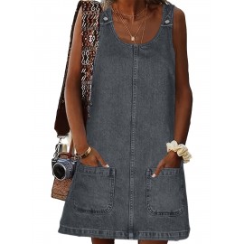 Vestido de Denim Vintage Sem Mangas para Mulheres com Bolsos - Vestido Mini Folgado, Alças Ajustáveis e Bolsos Laterais, Tecido Não Elástico, Lavável em Máquina, Look Casual Primavera/Verão