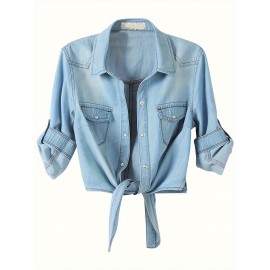 Blusa Feminina de Manga Longa com Estampa Jeans - Blusa com Botões e Punhos, Tecido Não Transparente para Looks Casuais e Formais - Lavável em Máquina, Top Versátil para Primavera/Verão, Material Durável, Design Moderno