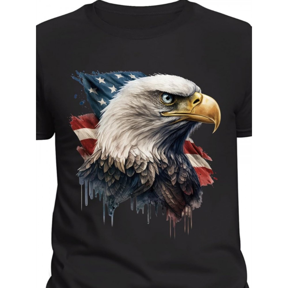 Camiseta Masculina com Águia Patriótica & Bandeira Americana - Algodão Macio, Manga Curta, Gola Redonda, Estilo Bohemio para o 4 de Julho ou Uso Casual Diário, Roupas com Bandeira Americana